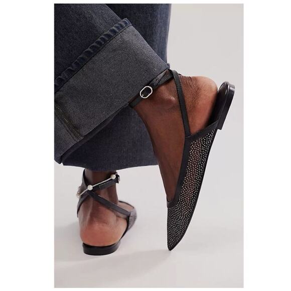 NEW Free People Jules Glitter Mesh Pointed Toe Ankle Strap Flat 9.5, BLACK - Picture 3 of 7